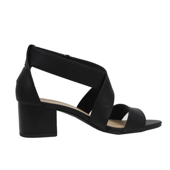 Size 6 Black Open Toe Strappy Mid Stacked  Heel - Picture 4 of 6